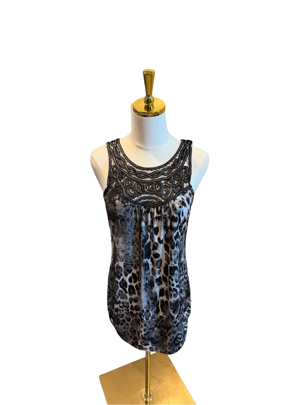 Vintage Studio Y Black & Gray Animal Print Tank with Beaded Yoke